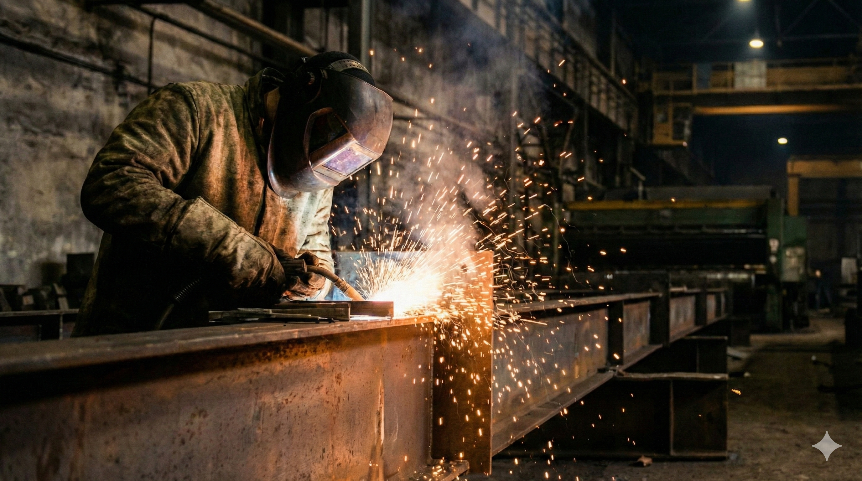 Svářeč při práci v dílně s jiskrami